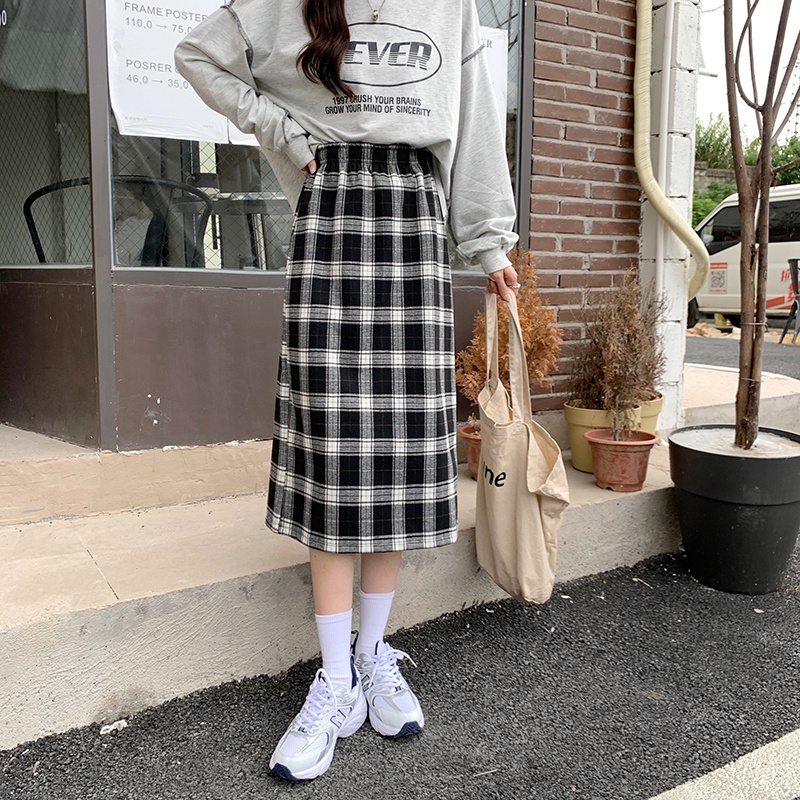 Chân váy chữ A SUXI lưng cao họa tiết sọc caro phong cách cổ điển thời trang cho nữ