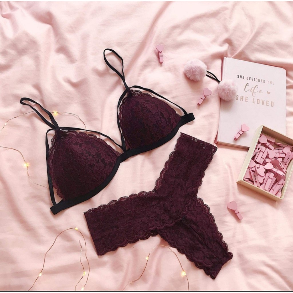Bộ đồ lót ren không gọng có mút bralette tím than không gọng có mút siêu đẹp