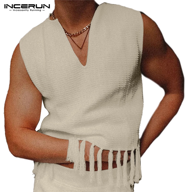 Áo thun ba lỗ INCERUN cổ v phối tua rua thời trang mùa hè cho nam