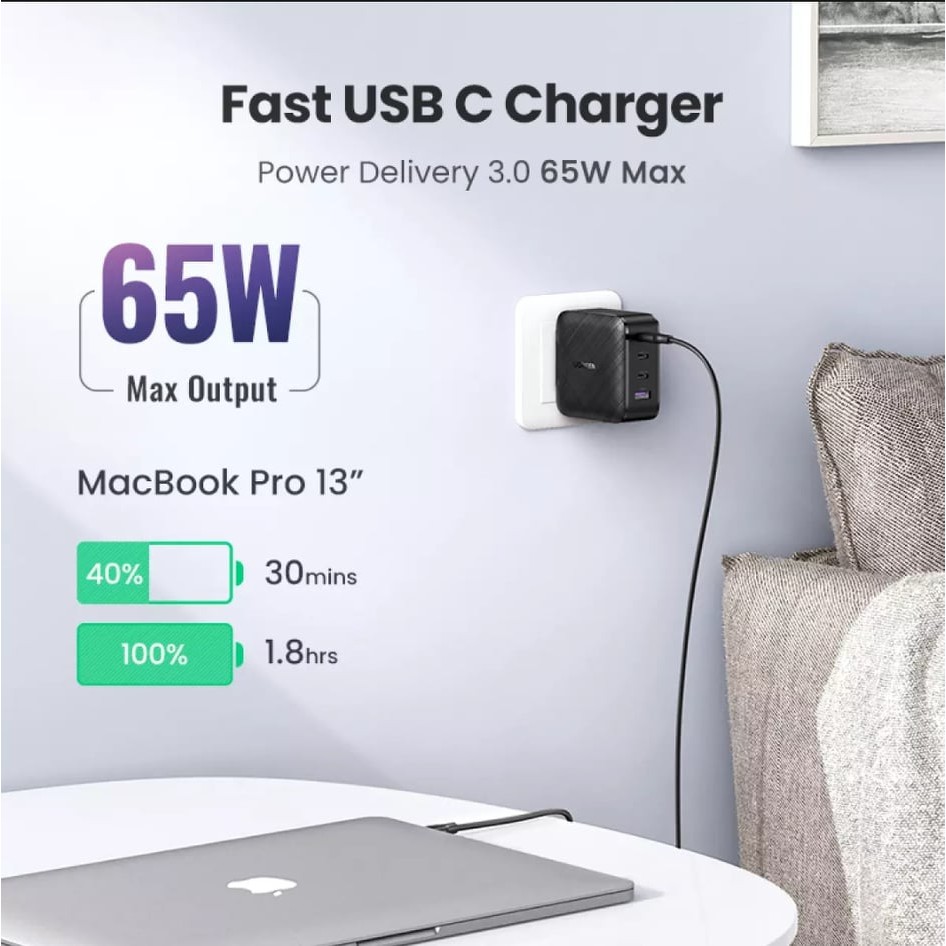 Cốc Sạc UGREEN 65W GaN 4 Cổng Sạc Nhanh Power PD 3.0 Dành cho iPhone, Samsung, Macbook, Laptop