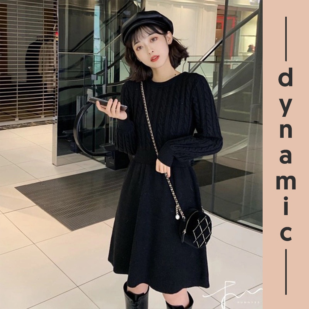 Váy / đầm len dáng xòe dài tay ôm dáng cổ tròn dày dặn ấm áp thời trang thu đông V00188