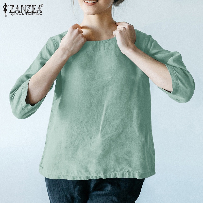 ZANZEA Áo Sơ Mi Cotton Tay Lỡ 3/4 Màu Trơn Cổ Tròn Thời Trang Dành Cho Nữ