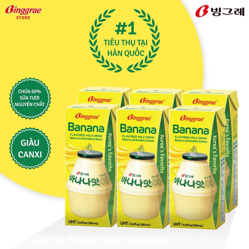 Lốc Sữa Chuối Hàn Quốc Binggrae Banana Milk (200ml x 6 hộp) (Free Ship)