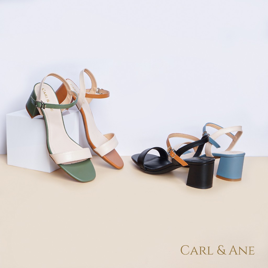 Carl &amp; Ane - Giày sandal mũi vuông cao 5cm màu kem phối bò _ CS004