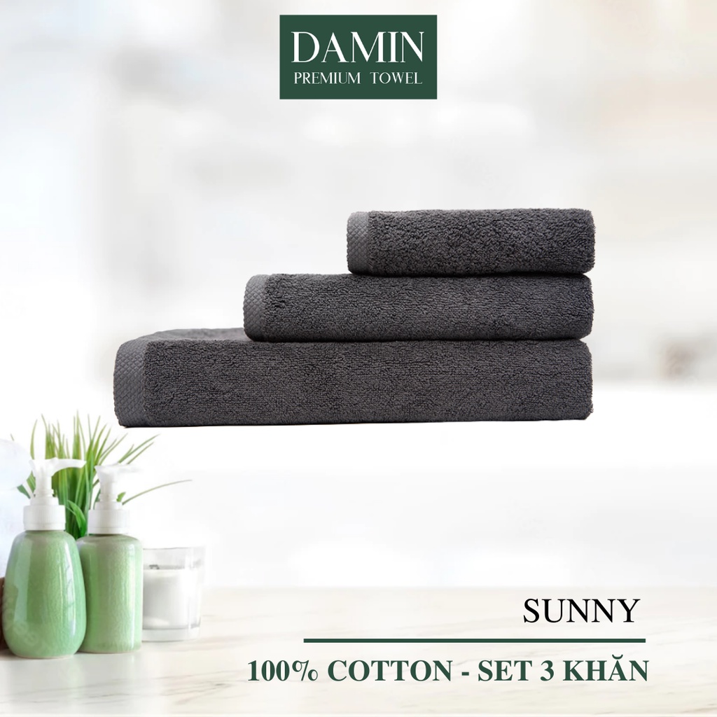 Bộ 3 khăn mặt, tắm, gội Damin Sunny 100% cotton - màu xám