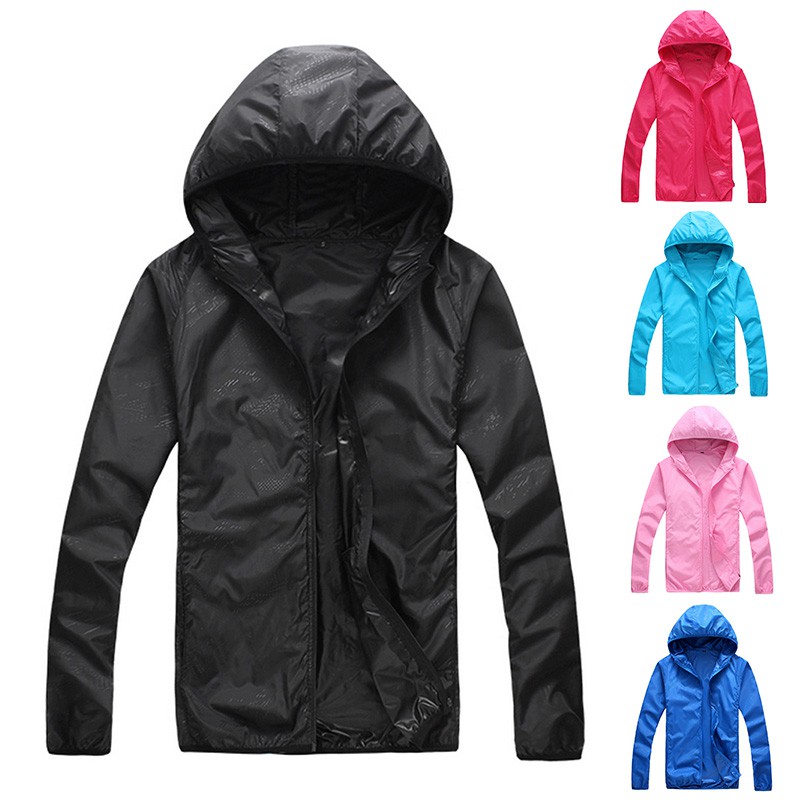 Mens Womens Hooded Rain Coat Sports Waterproof Windproof Jacket Solid Color