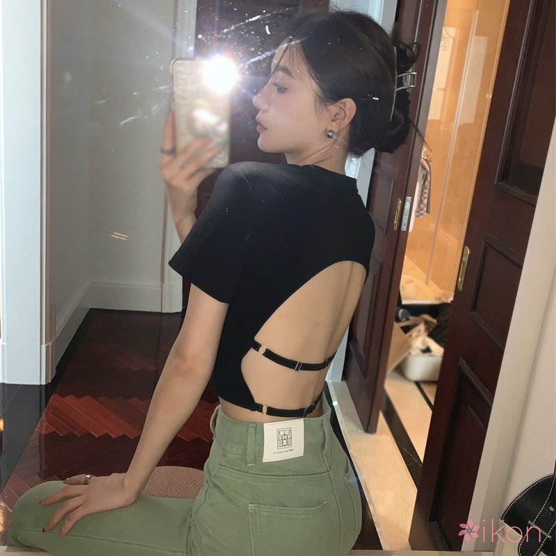 Áo Thun Croptop Hở Lưng Cổ Tròn Phong Cách Hàn Quốc Quyến Rũ Dành Cho Nữ