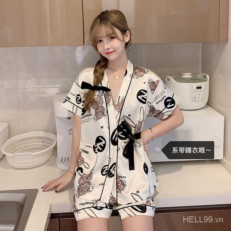 Summer Fashion Cute Short Sleeve Silk Kimono Pajamas Set For Women