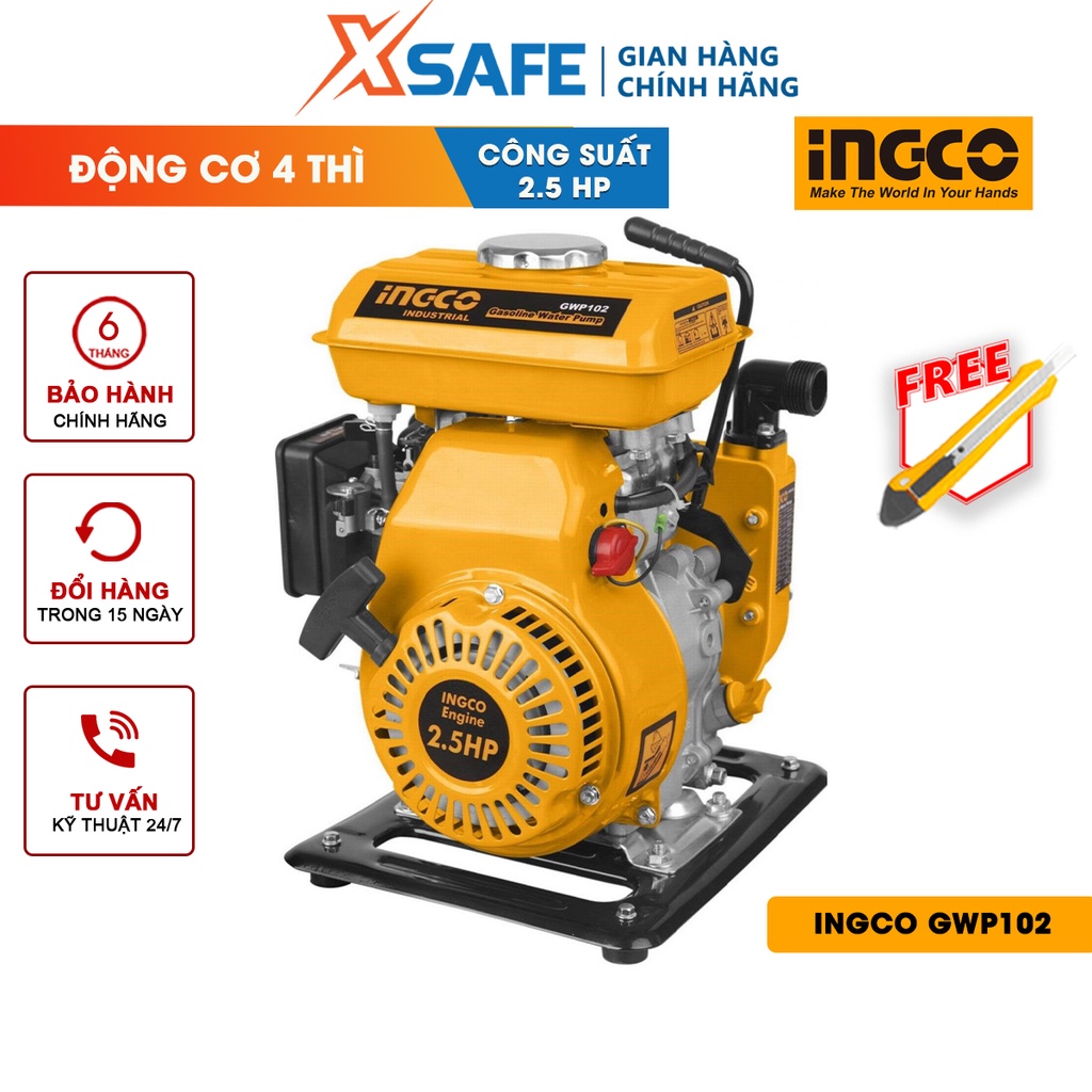 Máy bơm nước dùng xăng INGCO GWP102 chiều cao bơm 16m, lưu lượng bơm 100L/min, dung tích xilanh 105cc