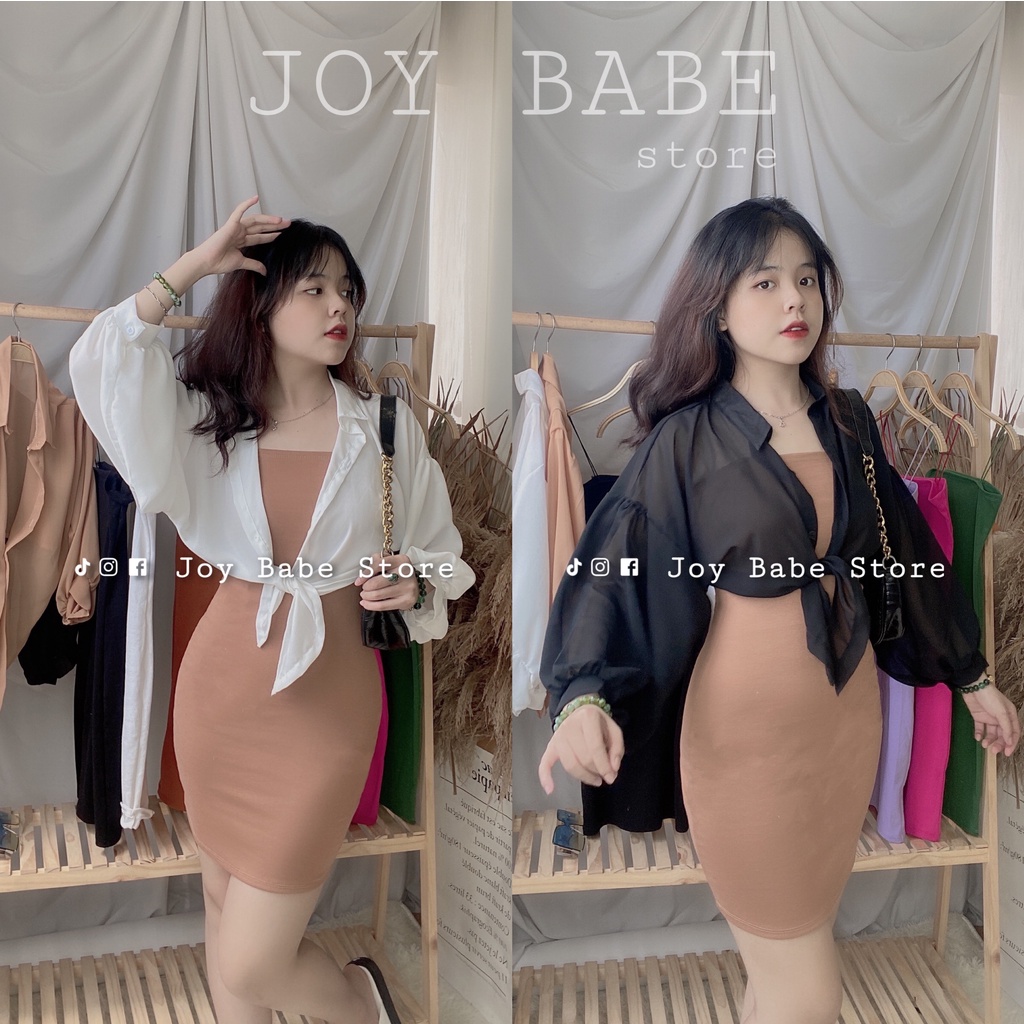 Đầm body nữ hai dây sexy JOY BABE 🌺 mix áo khoác sơ mi mong manh, thun ôm đẹp hack dáng, đầm thời trang sọc DAM 5