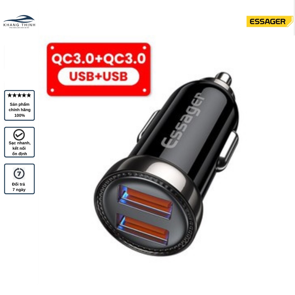 Tẩu sạc nhanh ESSAGER 2 cổng Type C, USB 3.0 cao cấp, chống cháy nổ cho ô tô, xe máy Khang Thịnh