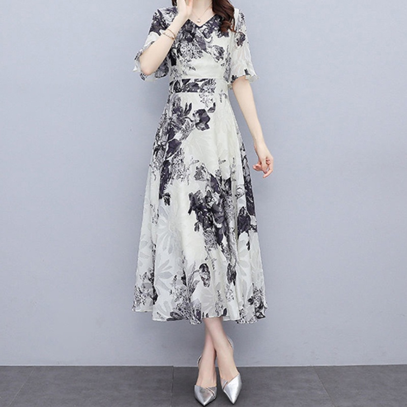 Đầm Dài Xếp Ly Cổ Chữ V Tay Lỡ In Họa Tiết Mực In Hoa Dành Cho Nữ