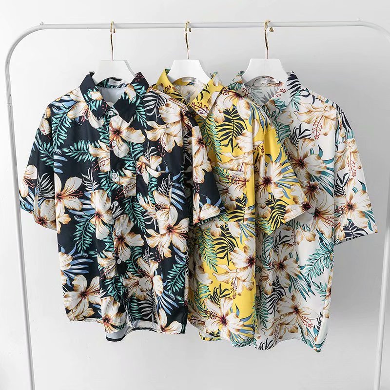 mẫu mới Hàn Quốc áo sơ mi in hoa，Áo sơ mi unisex, trang phục cặp đôi, chất liệu vải cao cấp (tặng kèm tất)