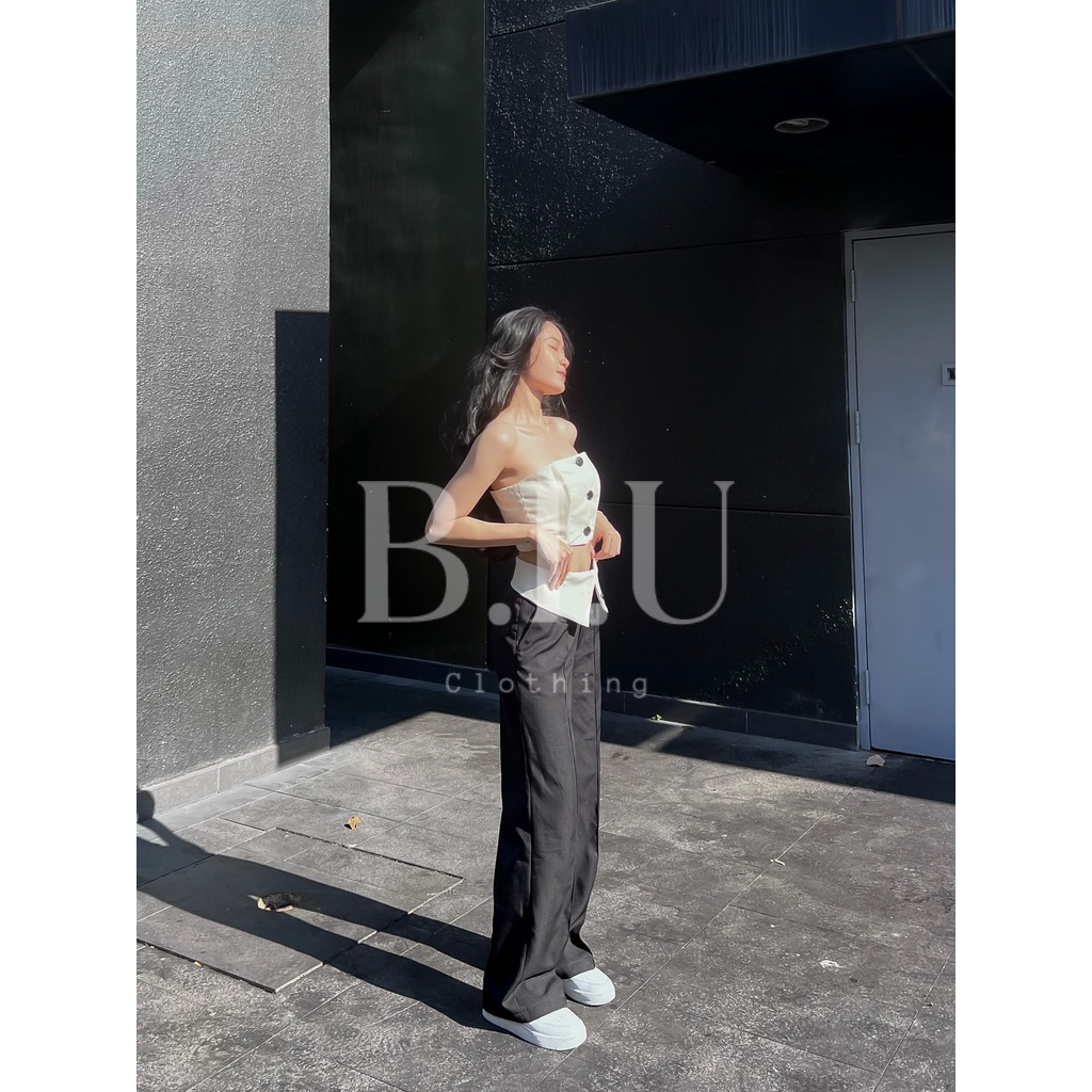 Set áo ống croptop quây ôm body kiểu gile kèm quần ống rộng đai lưng lật bản lớn Jennie Set màu be BIU Clothing BB0042