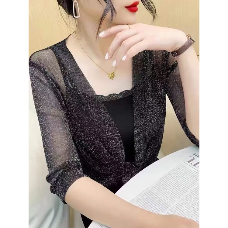 Áo Khoác Cardigan Vải Lưới Mỏng Màu Trơn Tay Lửng Chống Nắng Thời Trang Mùa Hè Cho Nữ