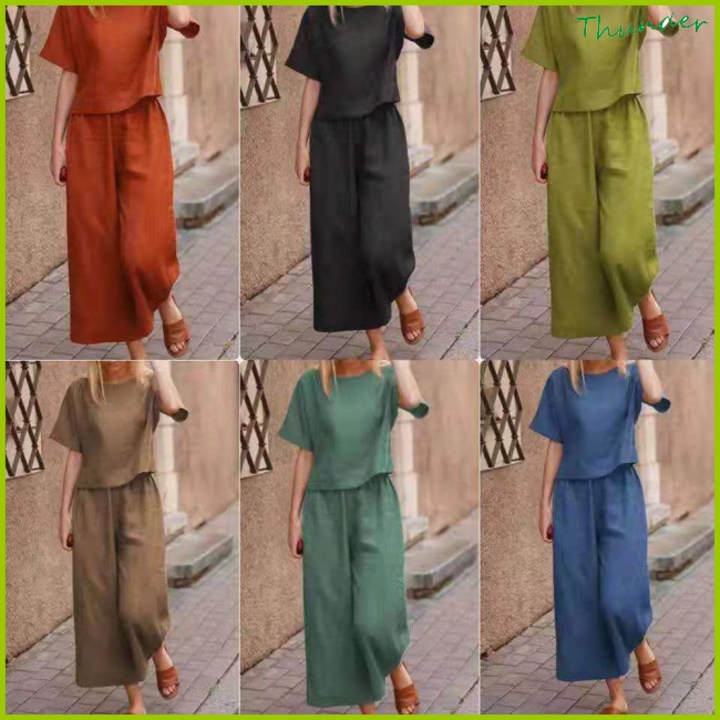 Thunder 2pcs/set Women Loose Cotton Linen Set Temperament Solid Color Round Neck Elastic Waist Short-sleeved Tops+ Wide-leg Pants Suit
