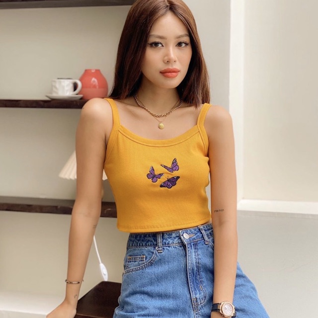 Áo croptop, áo ngắn nữ 3 lỗ thêu 3 chú bướm dưới 55kg LuxxyStore