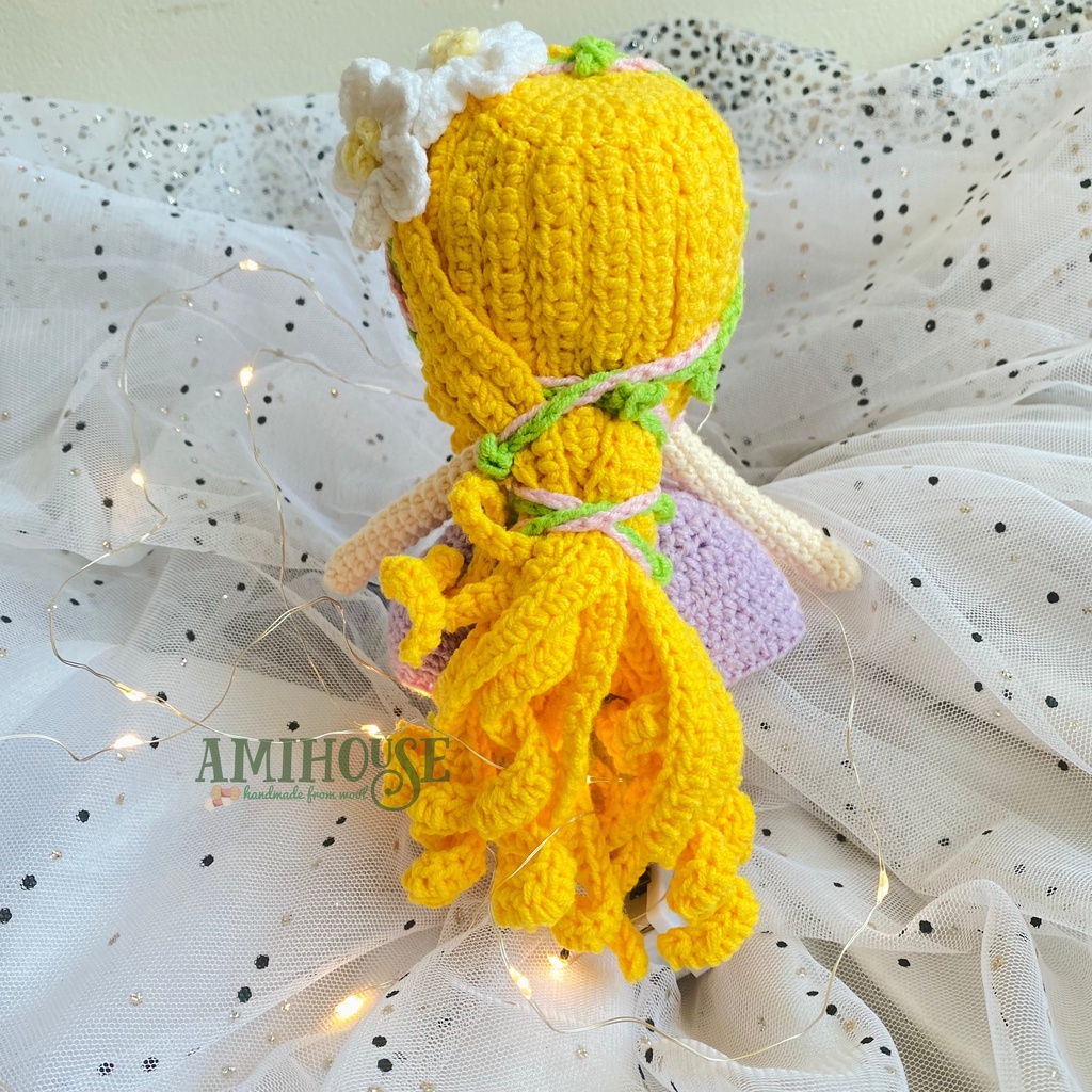 Búp bê Rapunzel bằng len móc handmade cho bé, búp bê công chúa tóc mây bằng len móc, 100% sợi cotton - Ami Hous