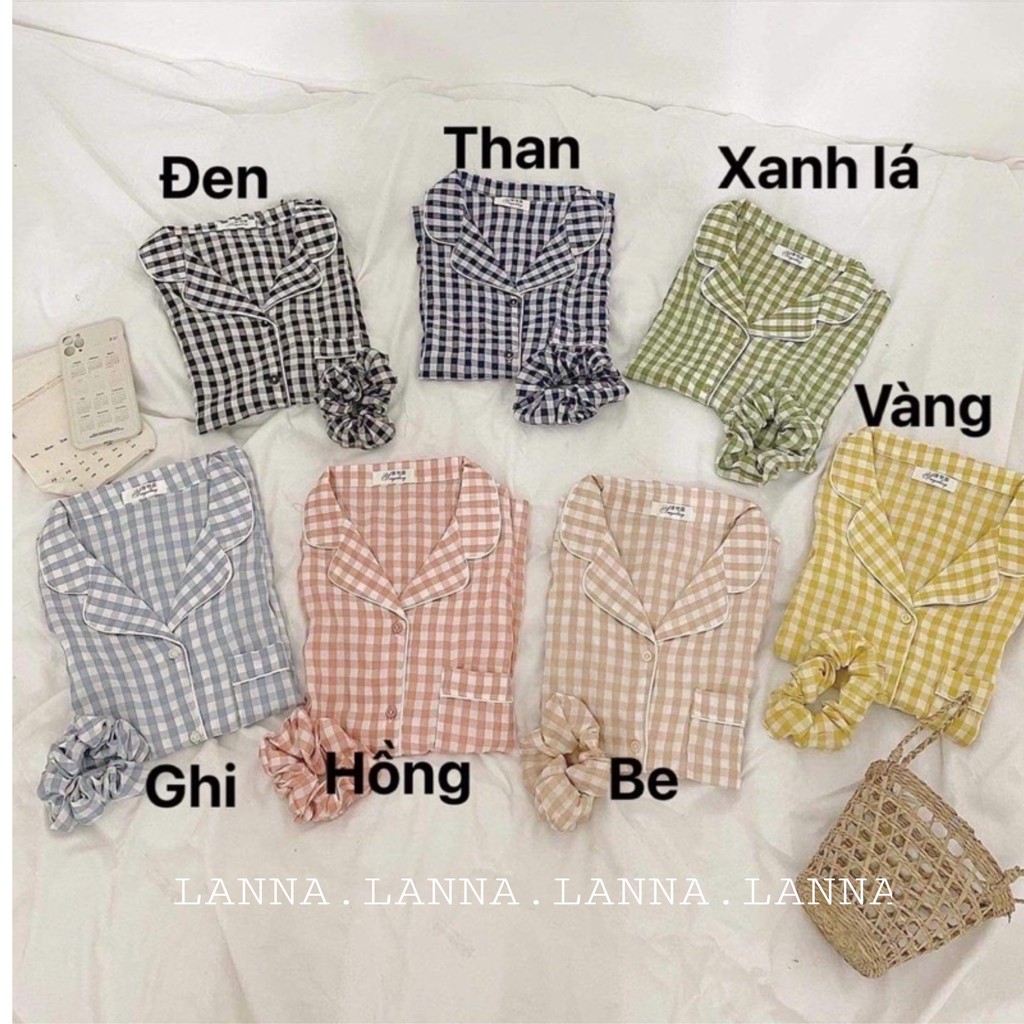 [Ảnh thật]Set đồ mặc nhà kẻ có tặng kèm chun buộc tóc Bộ pyjama chất lụa mát