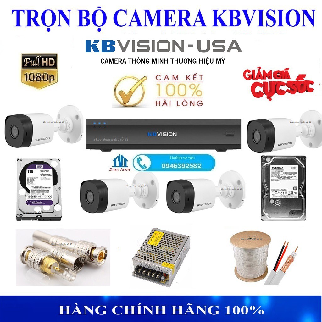 Trọn bộ 4 Camera Full HD 2mp KBvision +Đủ phụ kiện tự lắp đặt tại nhà