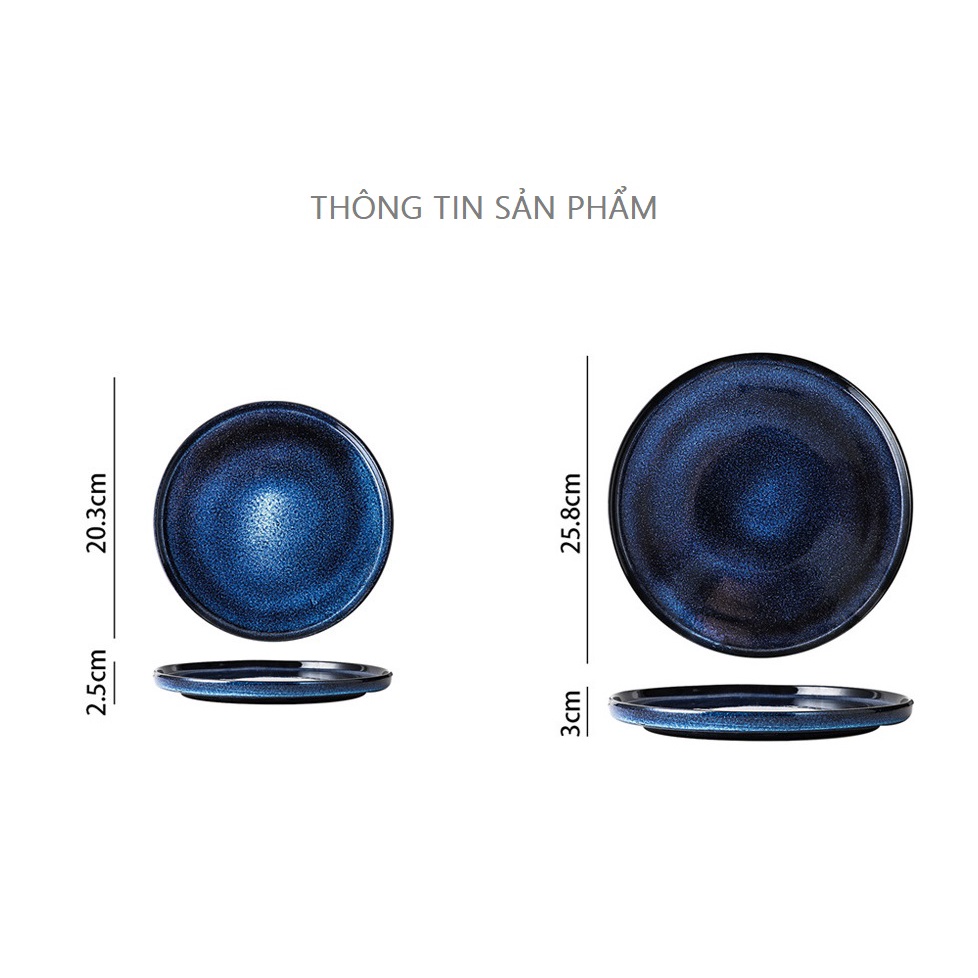Đĩa sứ phẳng xanh đại dương men bóng cao cấp 25,8cm và 20,3cm cho nhà hàng
