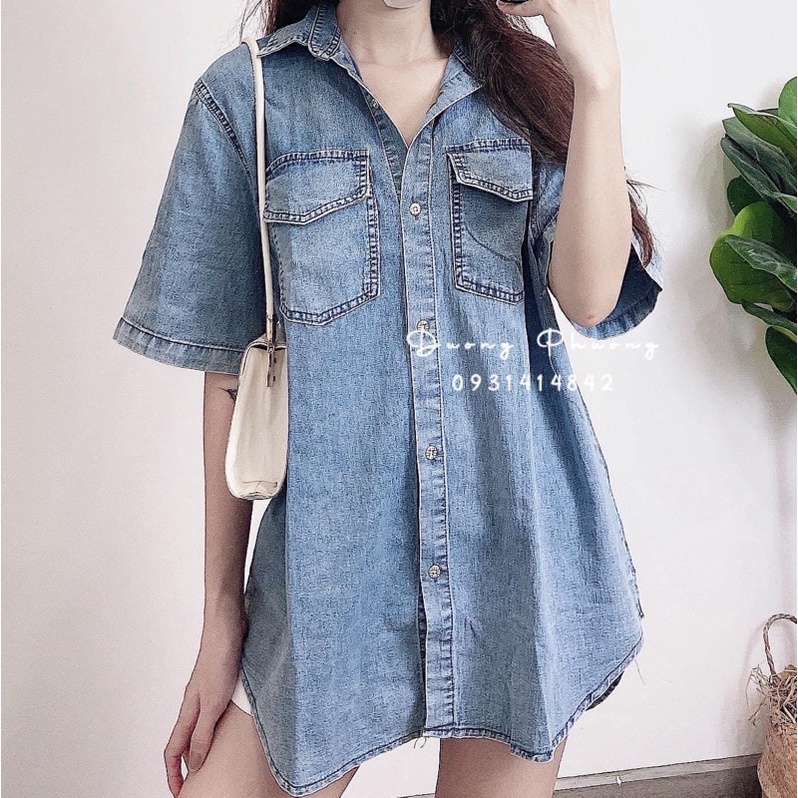 áo sơ mi jean ( áo sơ mi bò) tay ngắn, tay chữ form rộng over size , xịn xò ( hàng sẵn y hình)