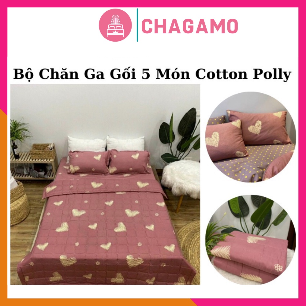 Bộ Chăn Ga Gối 5 Món Cotton Polly đủ màu đủ size ga giường miễn phí bo chun