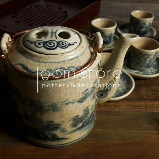 Ấm trà dáng tích Bát Tràng men giả cổ chén tống vẽ sơn thủy