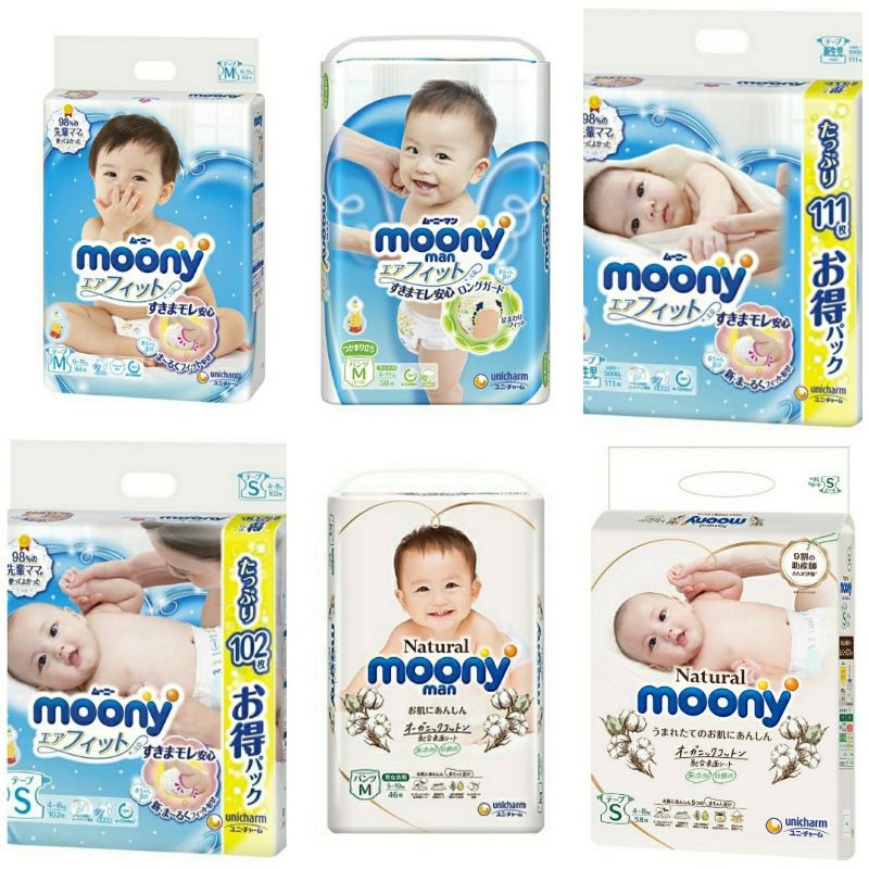  Tã dán/quần Moony Blue/Natural M58/M64/L54/L44 /xl38 /S84/newborn 90/xxl26