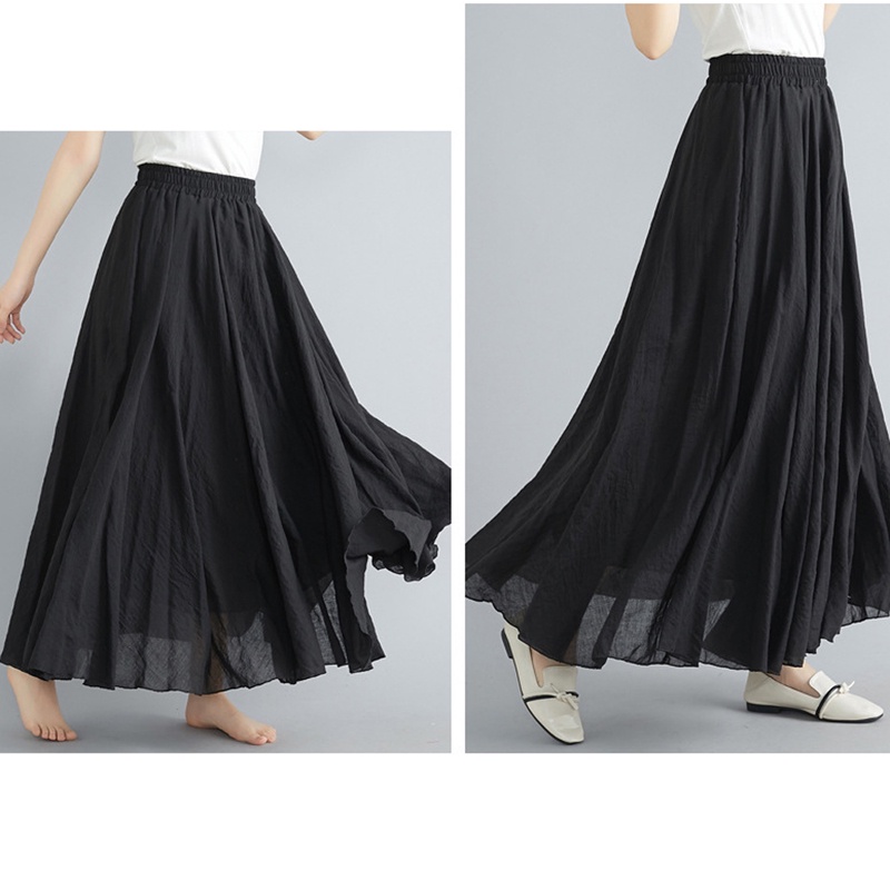 Women Double Layer Linen Maxi Skirt Pleated Vintage Boho Maxi Long Casual Cotton Beach Skirt Dress