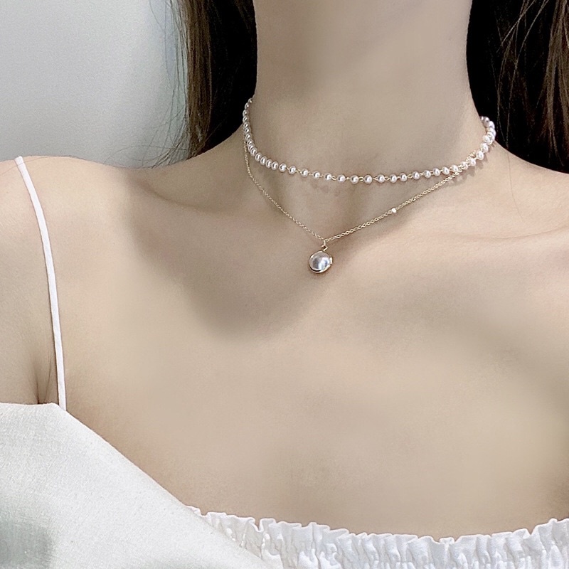 Vòng cổ hai lớp đính hạt ngọc phong cách Hàn Quốc