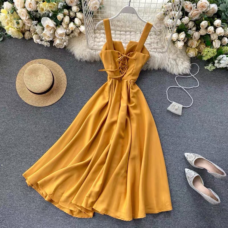 Váy đầm maxi hở lưng đan dây dáng dài xoè 2 dây xẻ ngực chữ V sexy đi du lịch biển