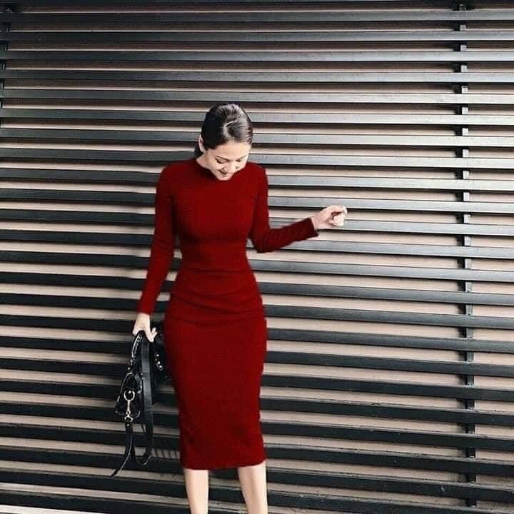 Váy len tăm body cổ tròn tay dài tôn eo, đầm len mềm mịn nhiều màu trơn VLCT299 - Trabinhshop