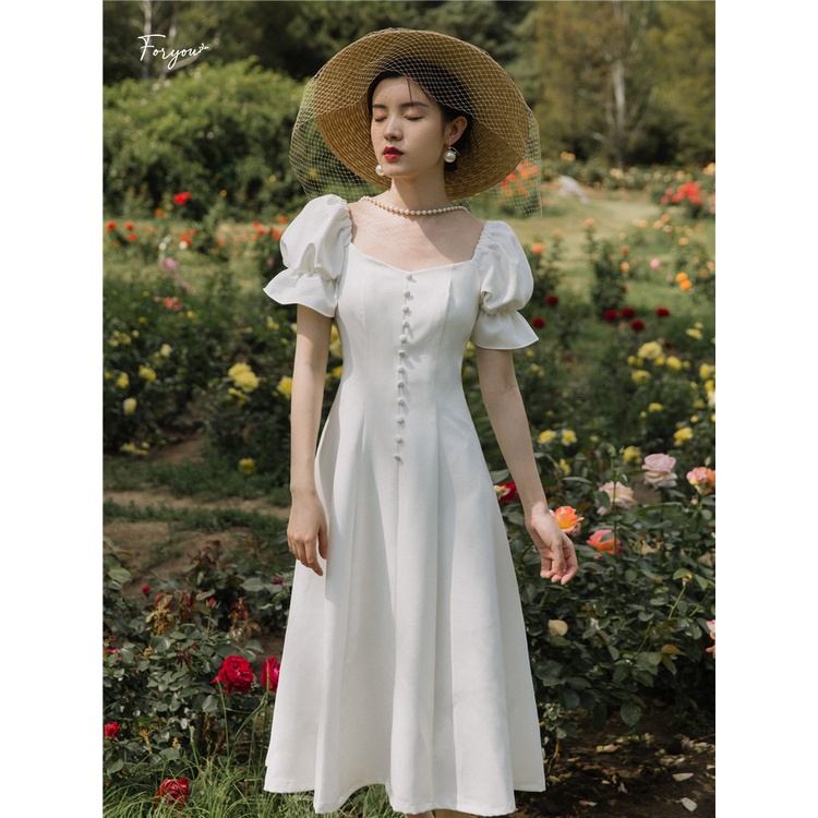 Jami Dress - Váy đầm trắng dáng dài FORYOU tay bồng đính cúc dọc, váy thiết kế xòe thanh lịch | BigBuy360 - bigbuy360.vn