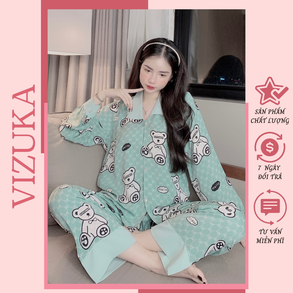 Đồ bộ nữ dài tay bộ pijama lụa mặc nhà cao cấp họa tiết dễ thương VIZUKA