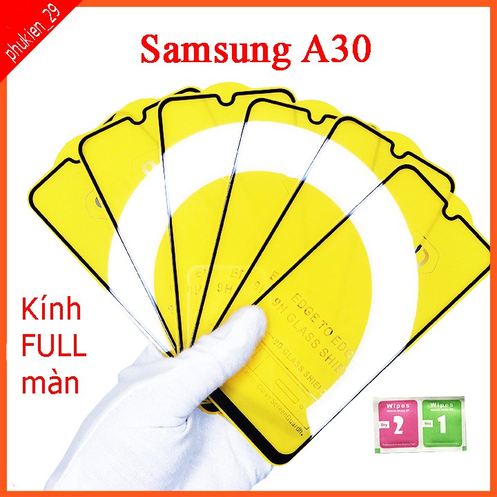 Kính cường lực Samsung A30  full màn hình, Ảnh thực shop tự chụp, tặng kèm bộ giấy lau kính taiyoshop2