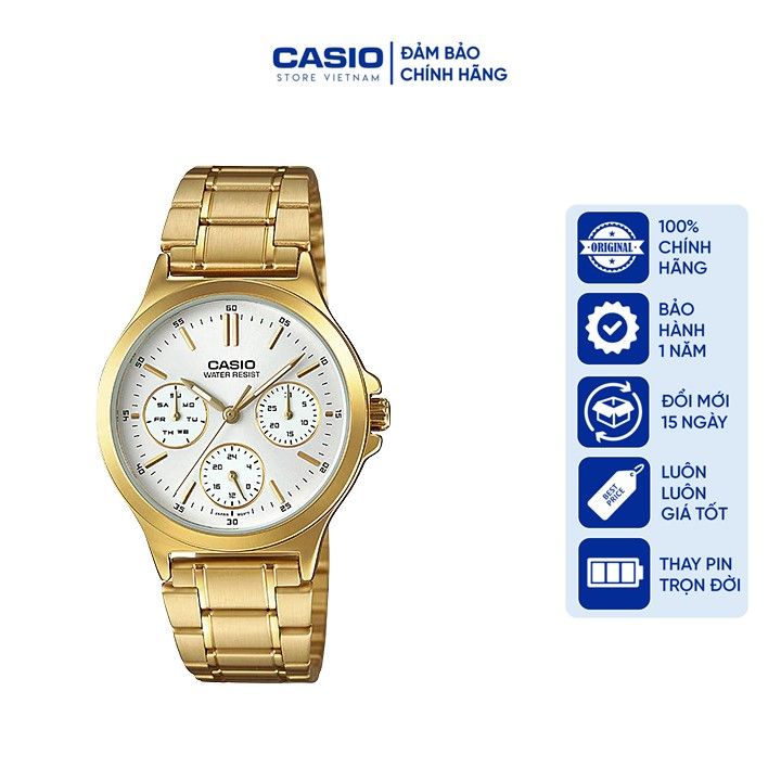 Đồng hồ Nữ Casio LTP-V300G-7AUDF, đồng hồ chính hãng, dây vàng mặt trắng, 6 kim