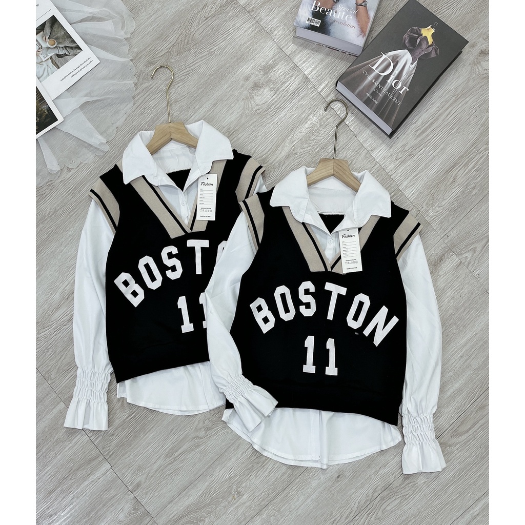 SET ÁO SƠ MI TRẮNG CỔ BẺ CHUN TAY BÈO ÁO GILE ĐEN BOSTON 11
