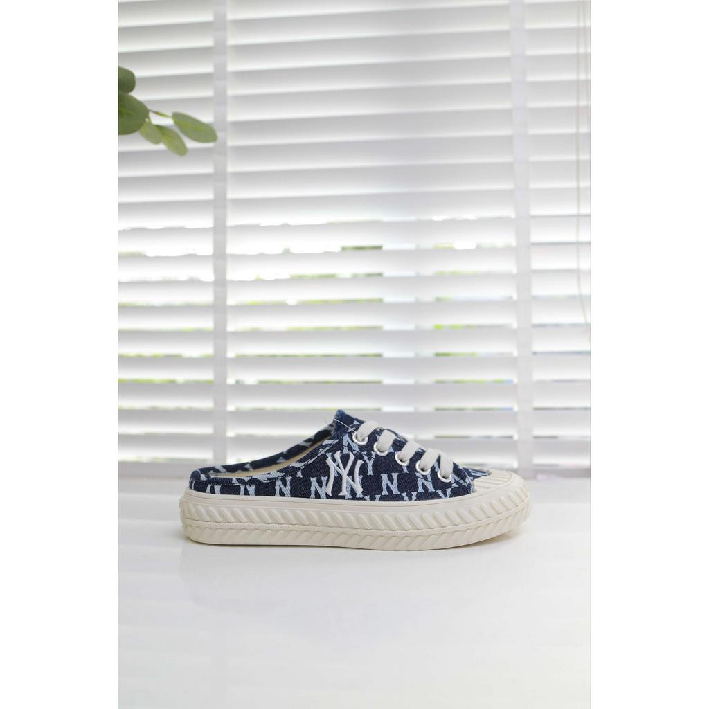 Giày MLB Playball Mule Monogram denim xanh đậm chính hãng, sục MLB đế cao su 3cm tôn dáng