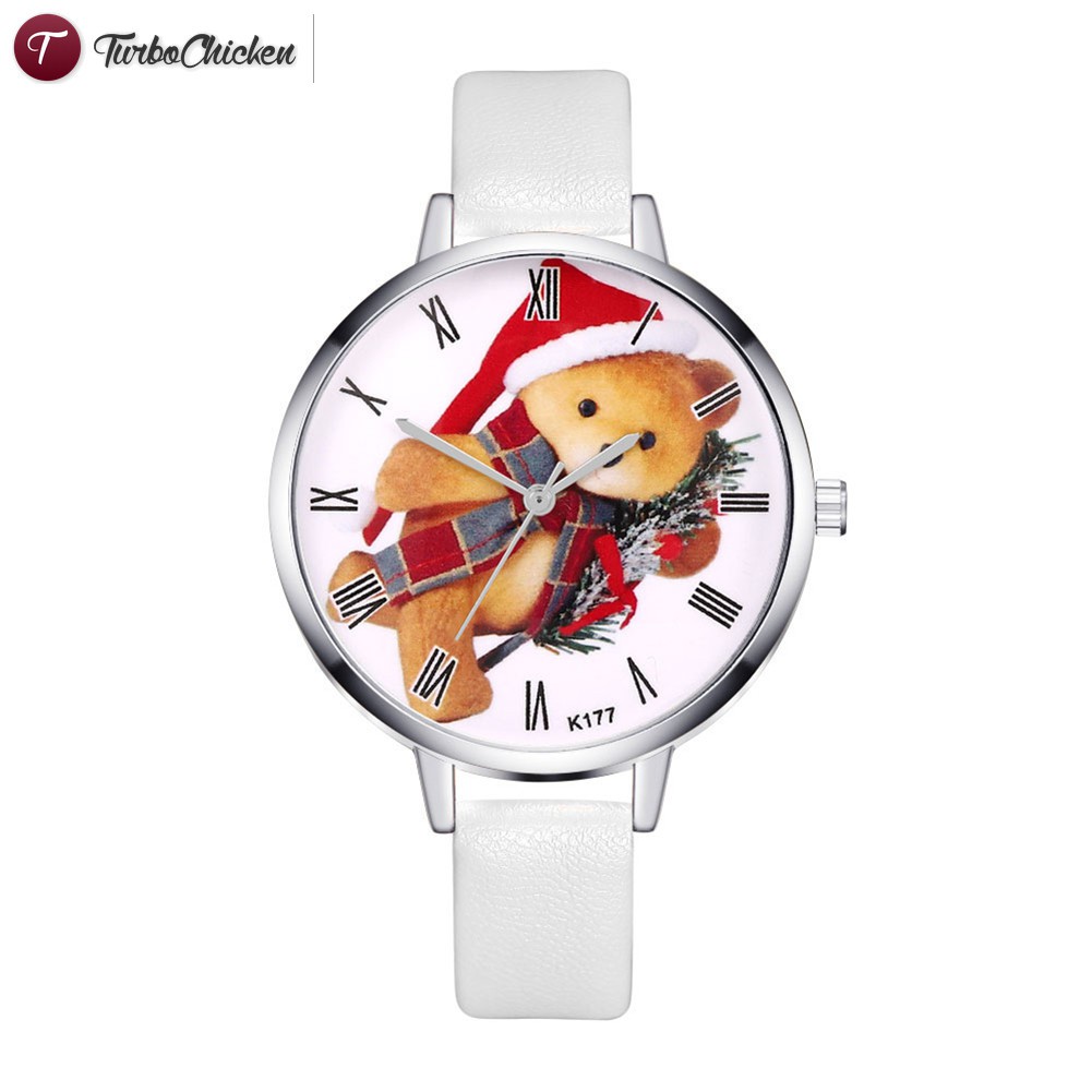 #Đồng hồ đeo tay# Women Watches Round Dial Faux Leather Strap Watch Cartoon Christmas Bear Quartz Watches