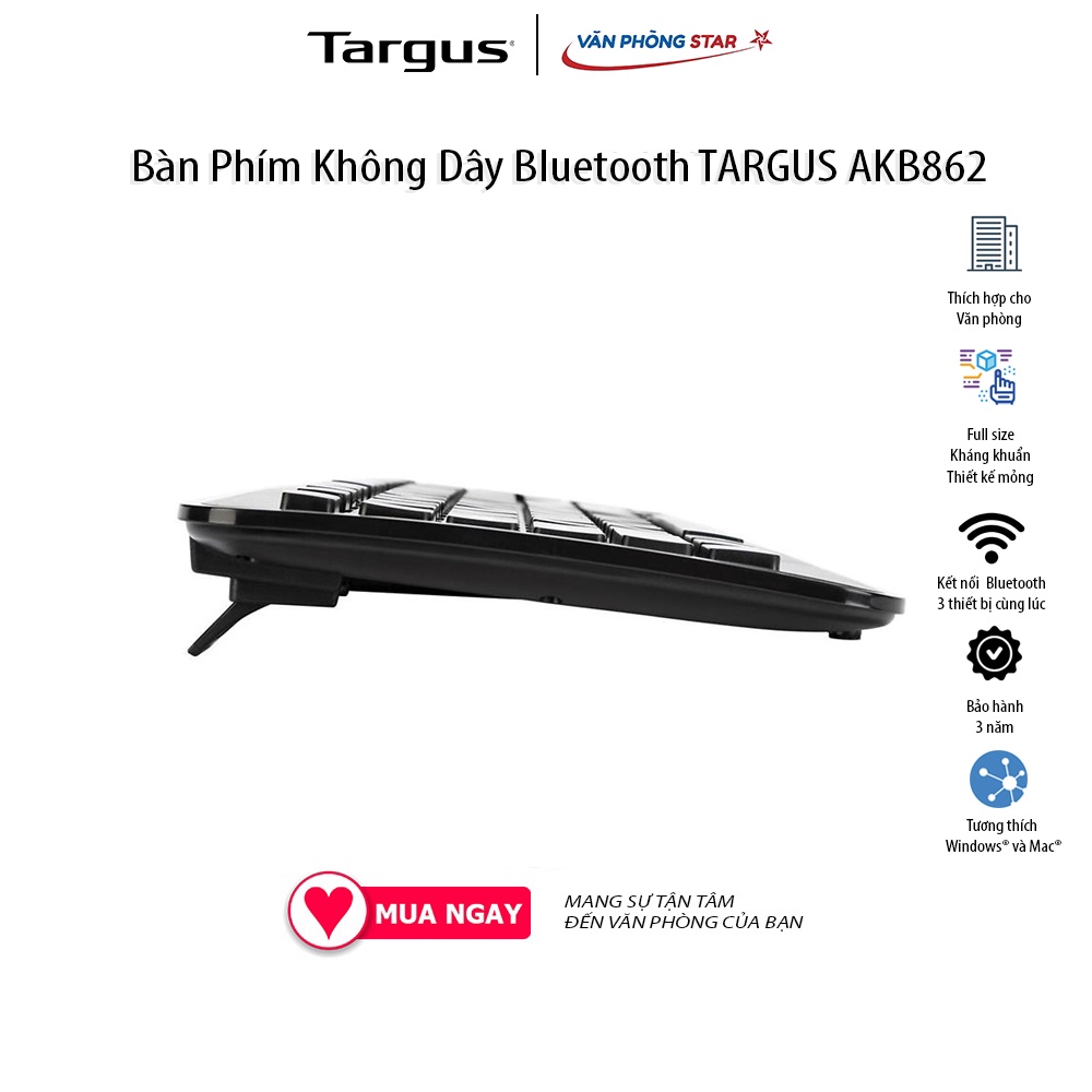 Bàn phím không DâyTargus Multi device Compact Bluetooth AKB862AP full size. Thiết kế mỏng đẹp kháng khuẩn