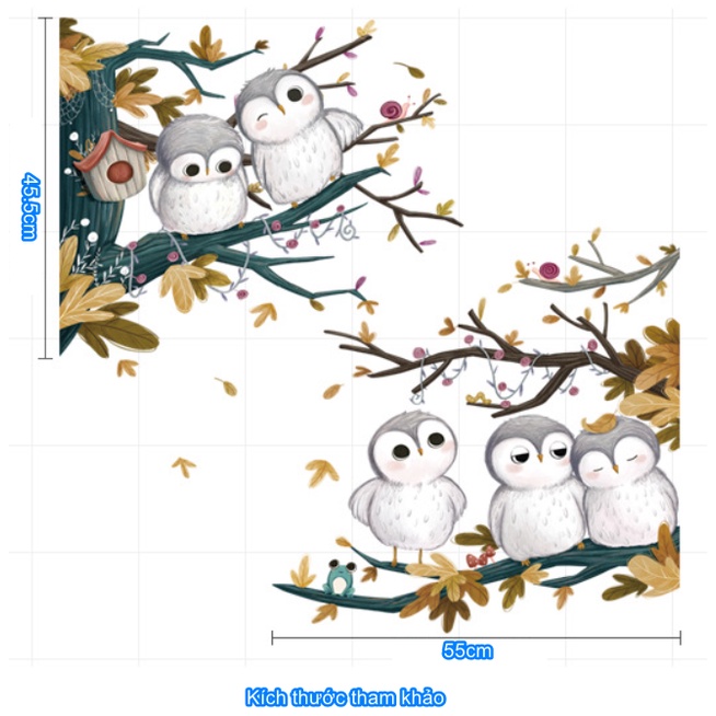 Decal trang trí tường - 5 bạn cú mèo vui vẻ bên nhau