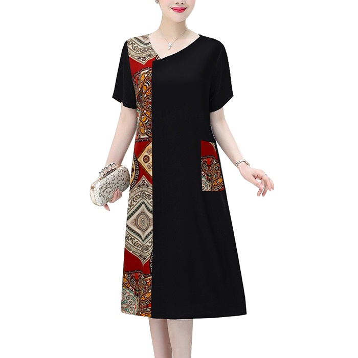 GOTI Đầm trung Niên Dáng Suông Dài Tay Ngắn Form Chữ A  Big Size Cho Mẹ U50 U60 3326 3283