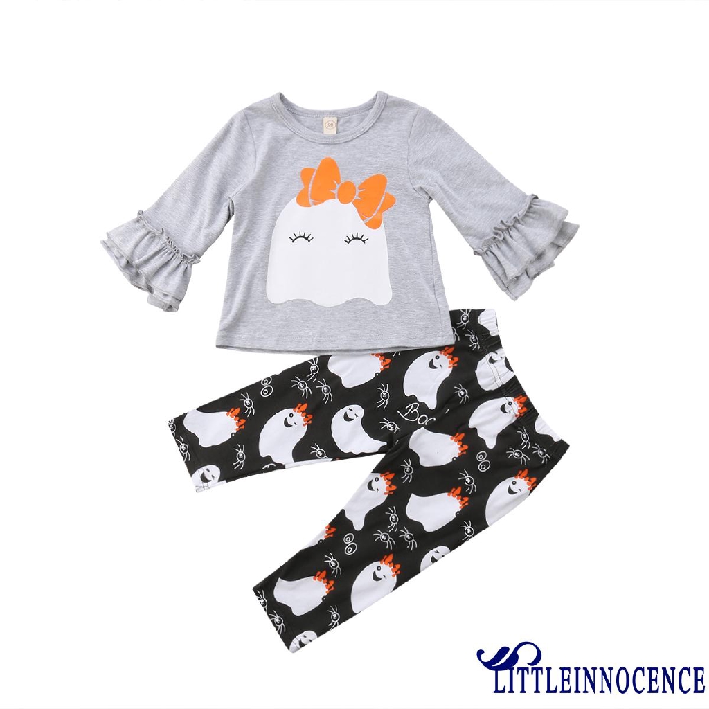 Bộ trang phục gồm áo thun và quần dài xinh xắn họa tiết Halloween cho bé gái