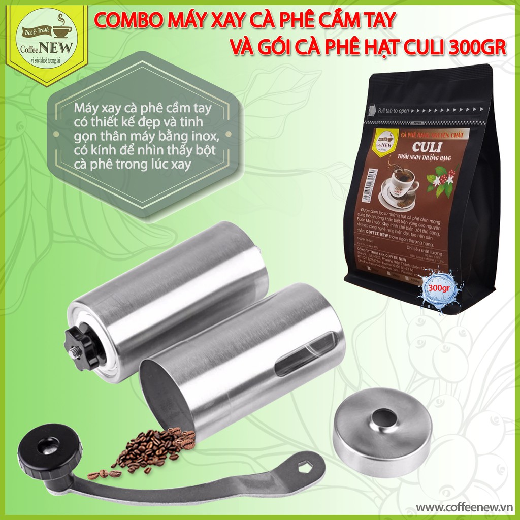 Combo Máy Xay Cà Phê, Xay Tiêu Cầm Tay Tiện Dụng- Sang Trọng + Gói Cafe CULI Nguyên Hạt 250gr - Coffee New