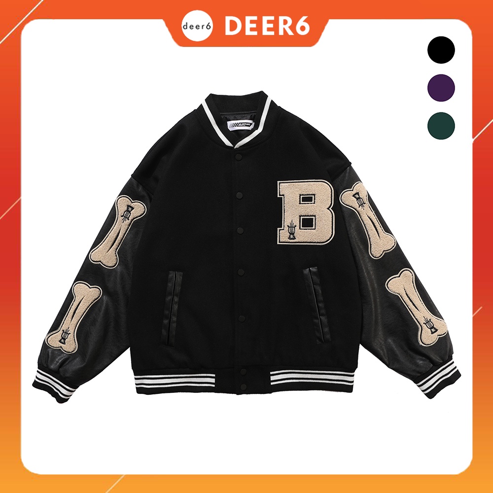 Áo khoác bomber, Varsity jacket Bone tay xương nam nữ thân dạ tay da màu đen, tím, xanh có big size XXL