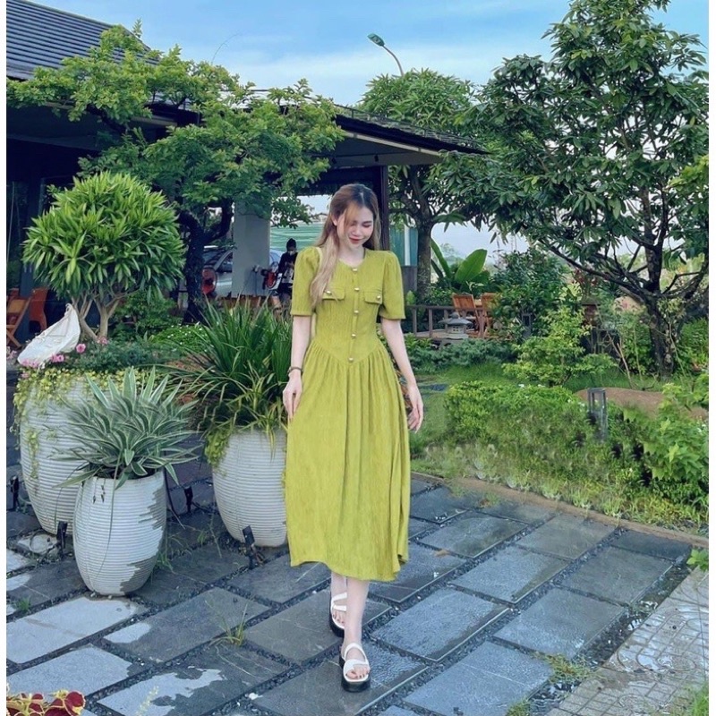 Đầm xoè❤️Đầm xoè cổ tròn túi đắp kèm nút