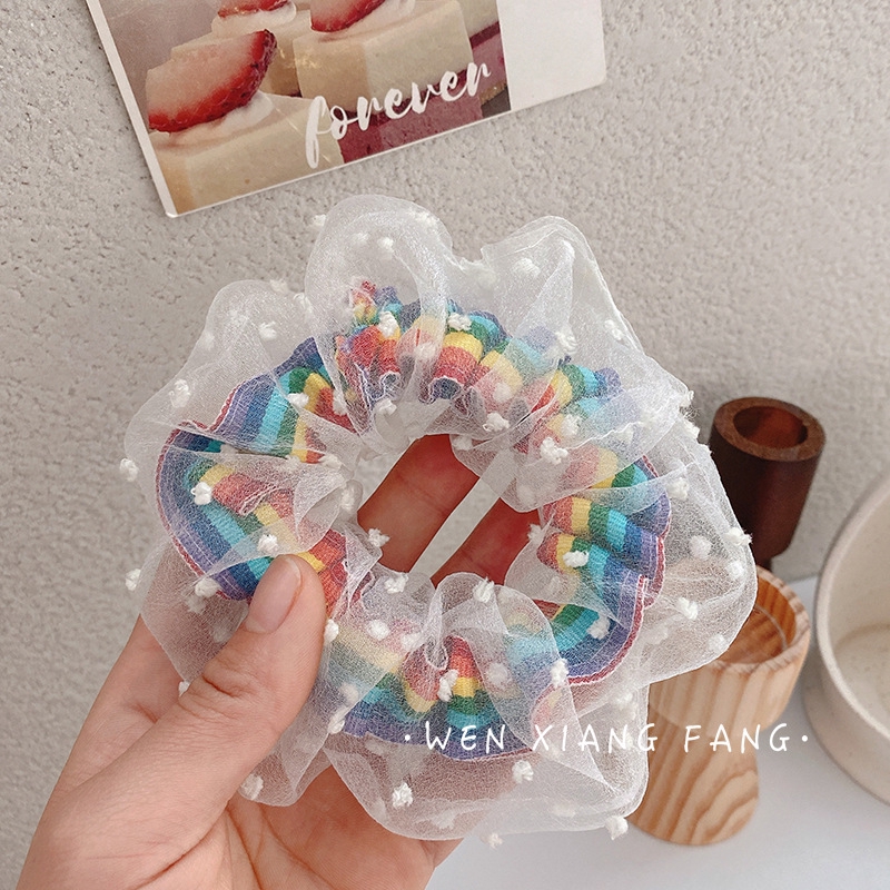 Cute Girly Strawberry Organza Large Intestine Hair Ring/ Korean Sweet Small Flower Net Yarn Elastic Hair Bands