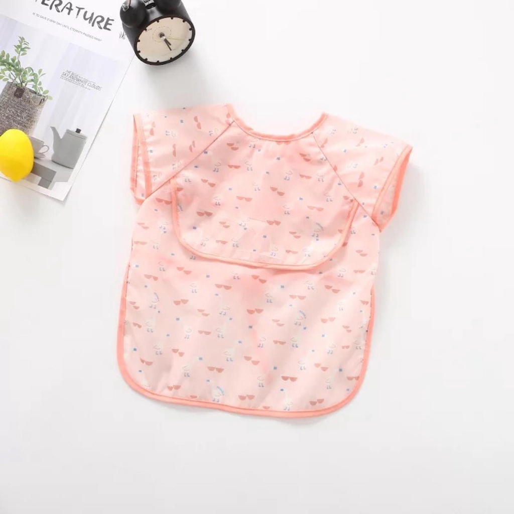 Áo Yếm Ăn Dặm Cộc Tay Có Máng Hứng Chống Thấm Sạch Sẽ, An Toàn Cho Bé