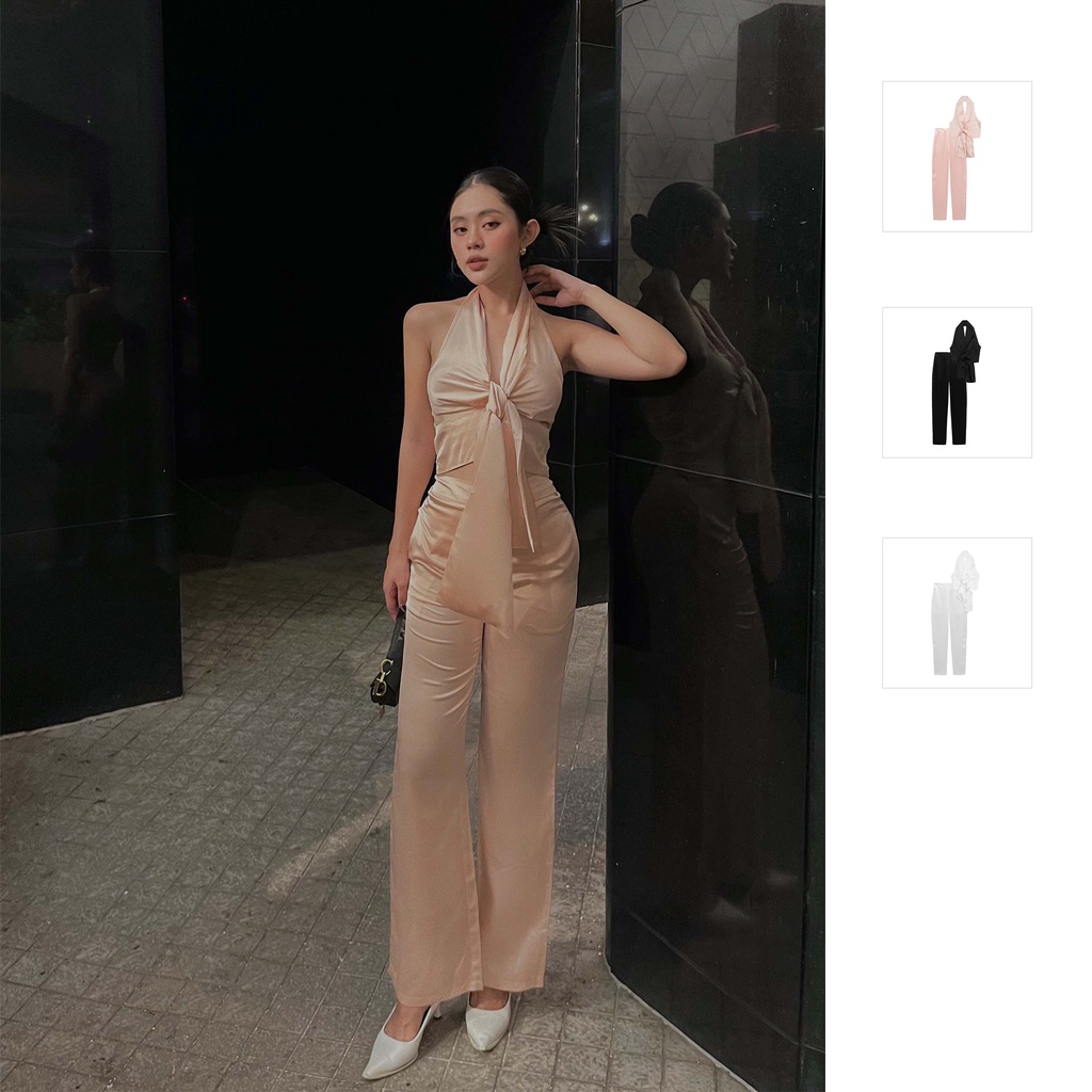 Set Nữ Áo Draped Bow Neckline , Chất Lụa Satin Thoải Mái , WSD000216 ,SOMEHOW